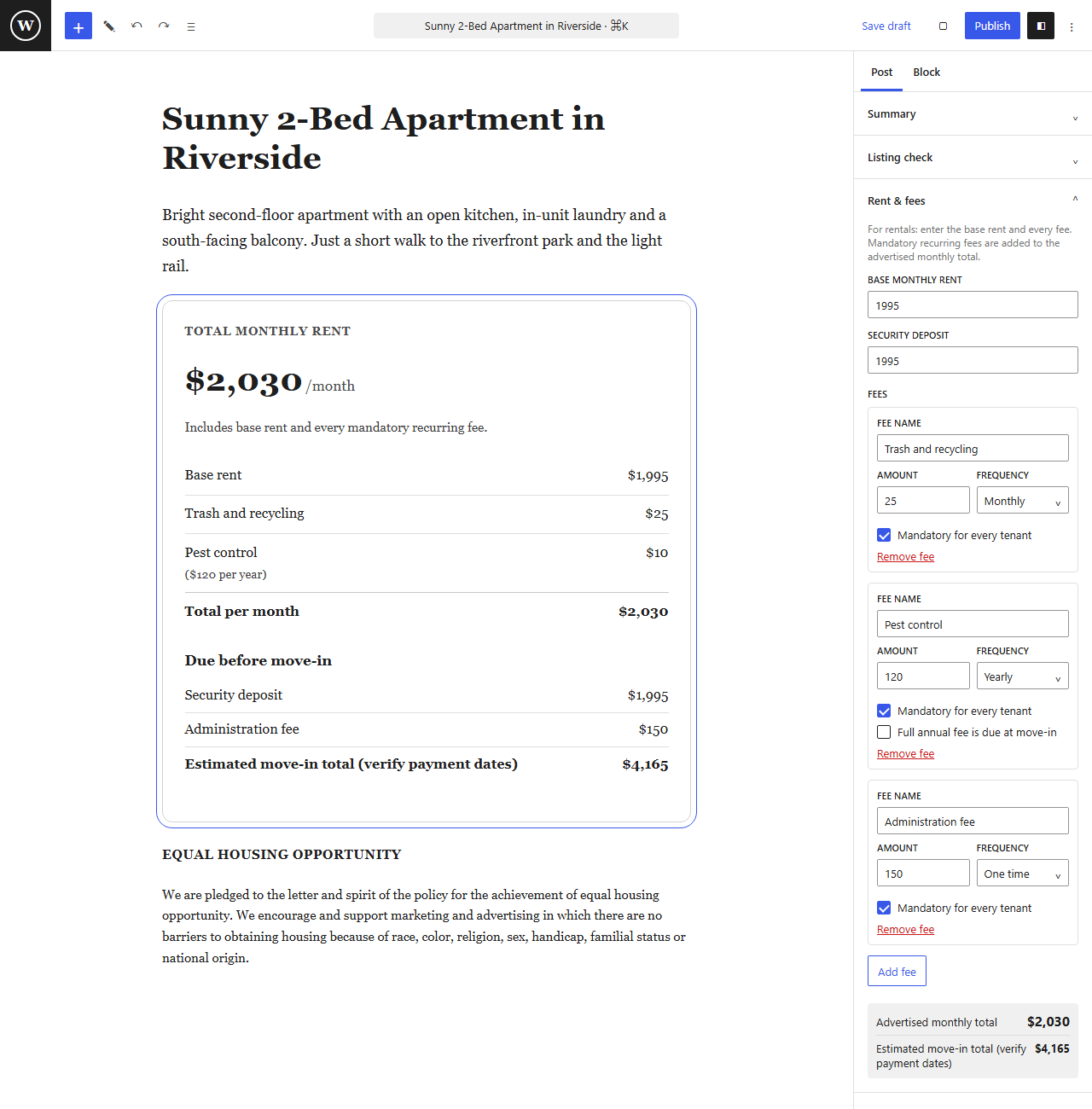 The Rent & fees panel with itemised fees, the advertised monthly total and the amount due at move-in.