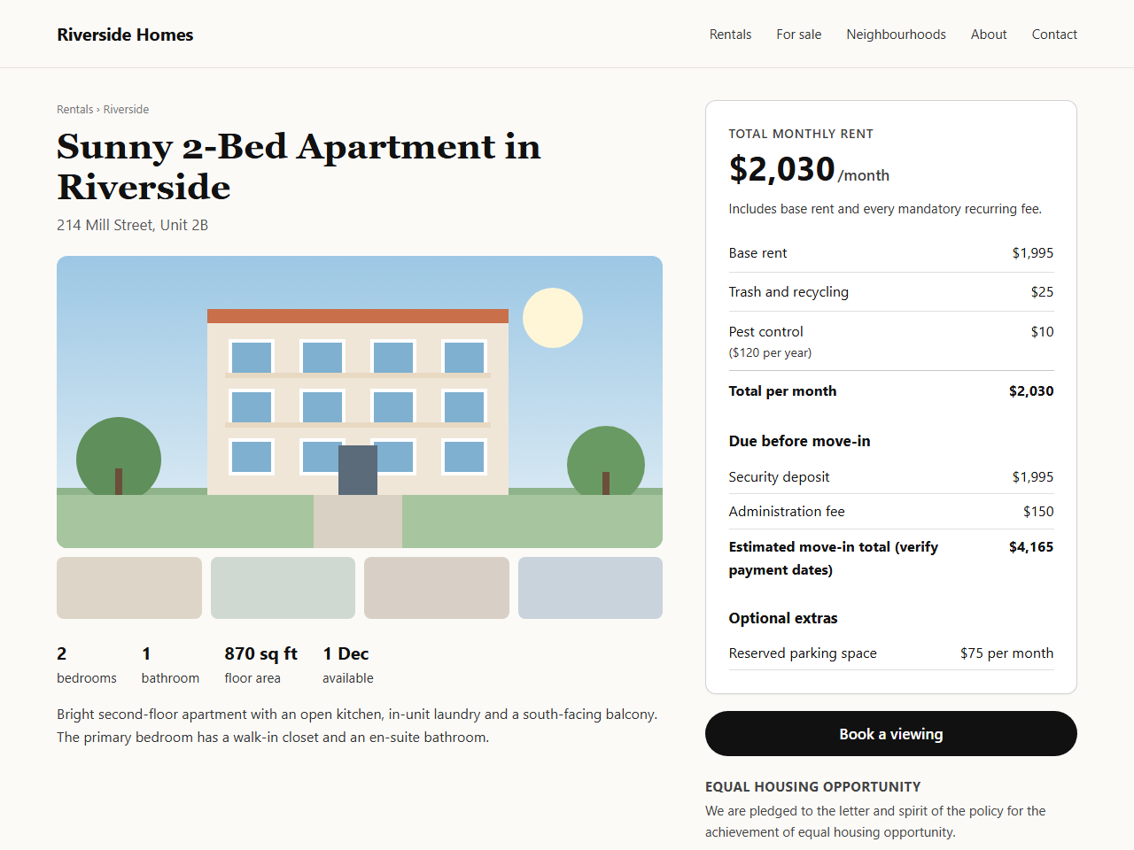 The Rent Disclosure block on the front end, leading with the all-in monthly rent.