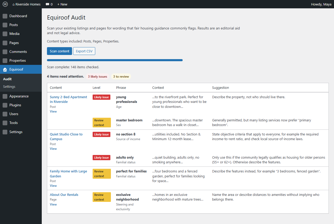 The site audit under Equiroof > Audit with results and CSV export.