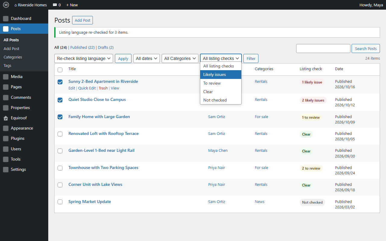 The listing check column and status filter in the post list.