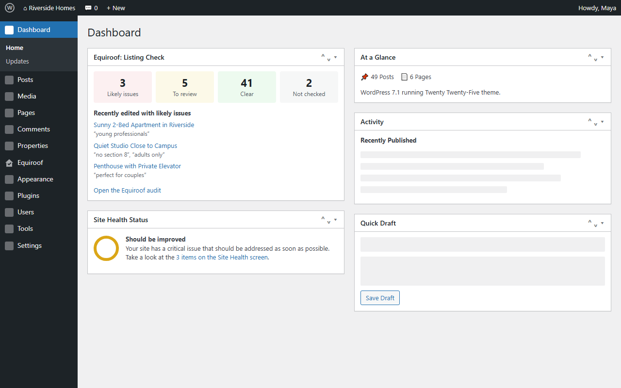 The dashboard widget with listings grouped by status.