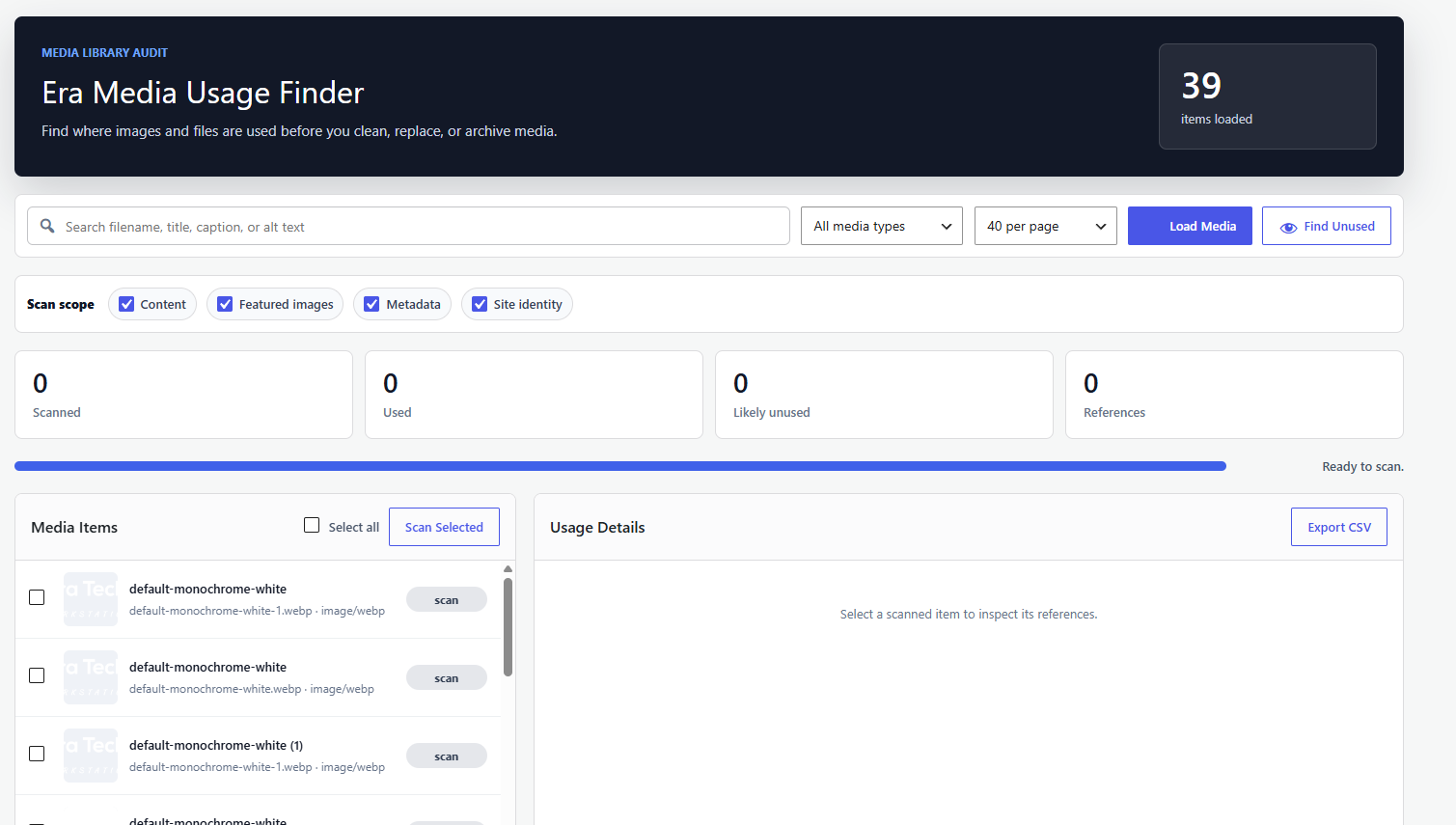 Era Media Usage Finder dashboard with search, metrics, scan scope, and media list.