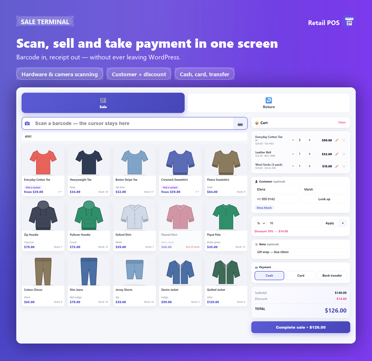 The sale terminal — scan, cart, customer, discount and payment in one screen.