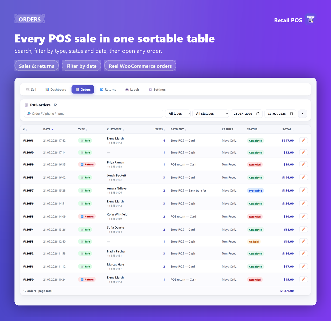 Orders — every POS sale and return in one sortable table.