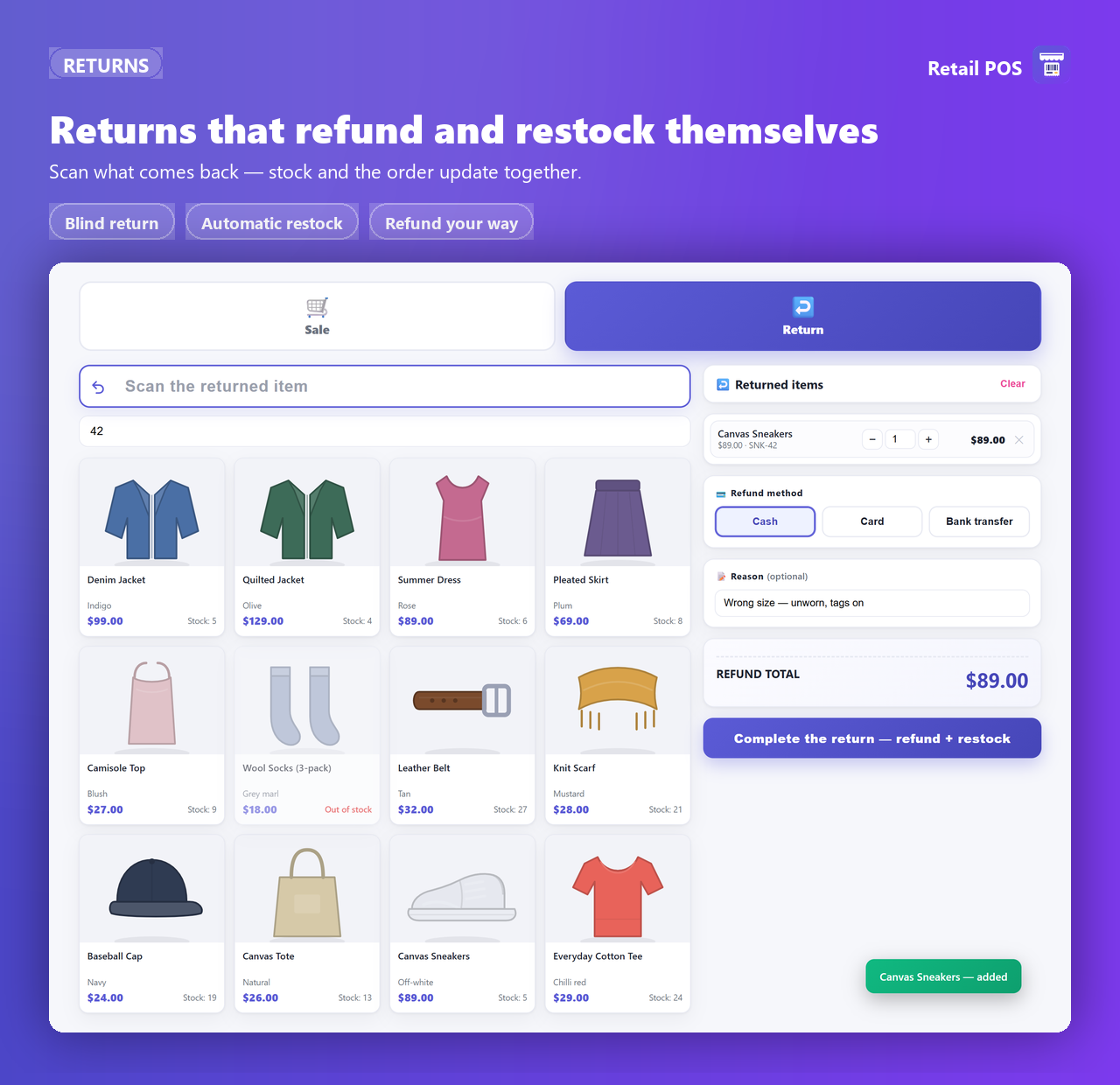 The return terminal — scan what comes back, refund and restock.