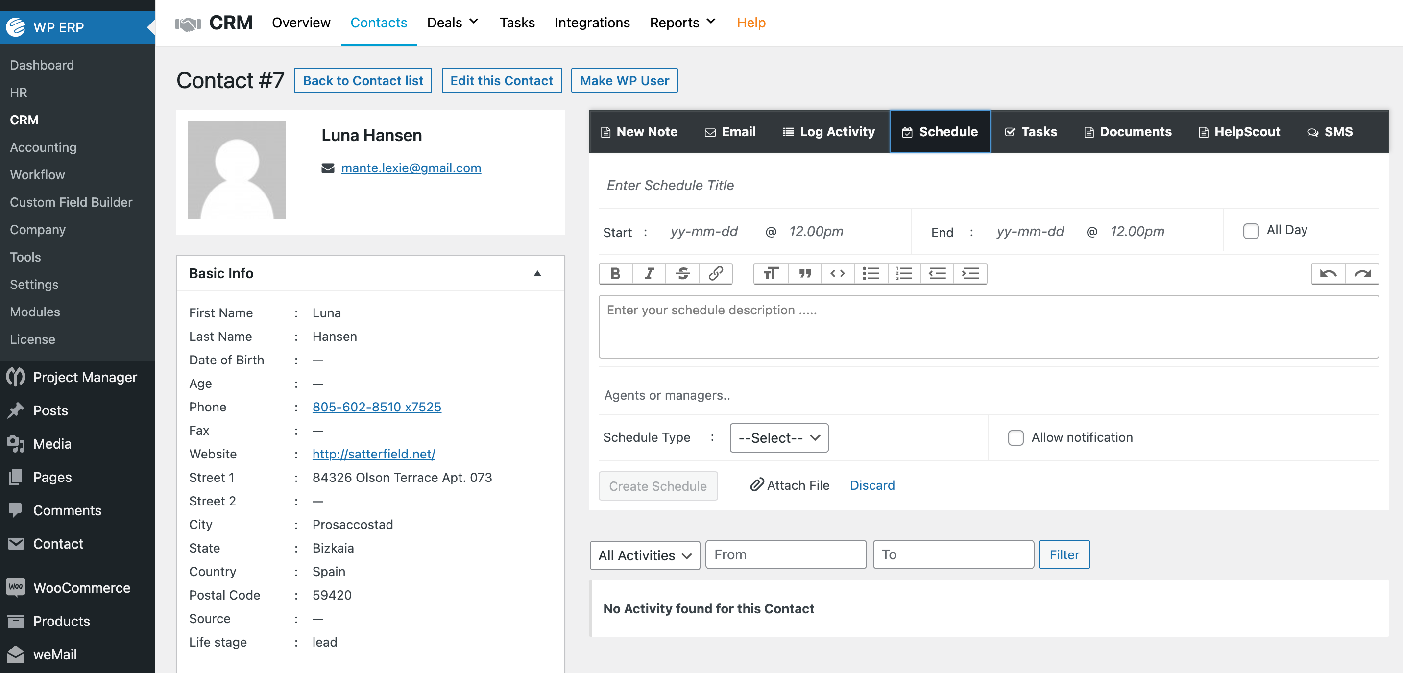 CRM Contact Profile- where you can manage and interact with the contact/lead