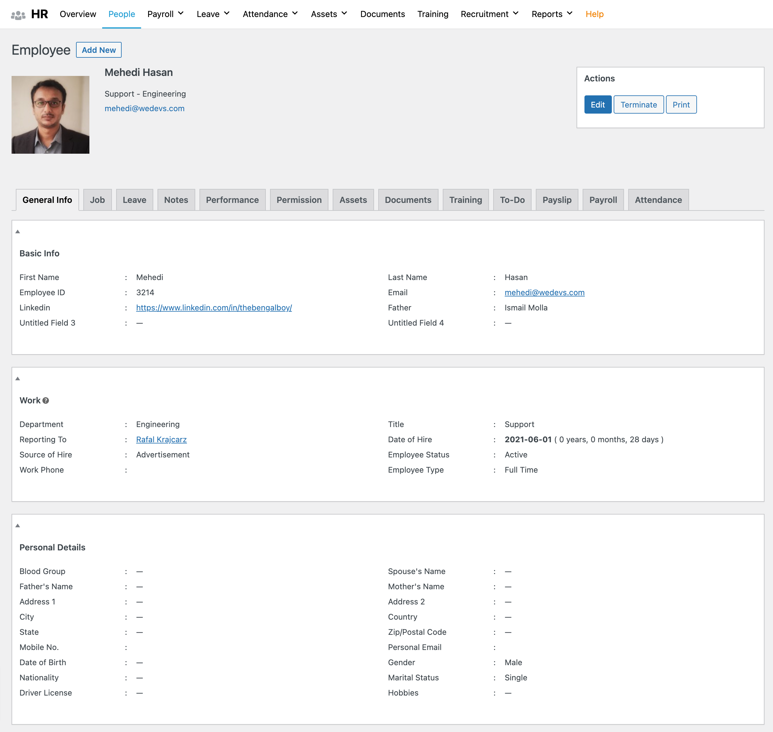 Here is what an Employee profile looks like and to manage