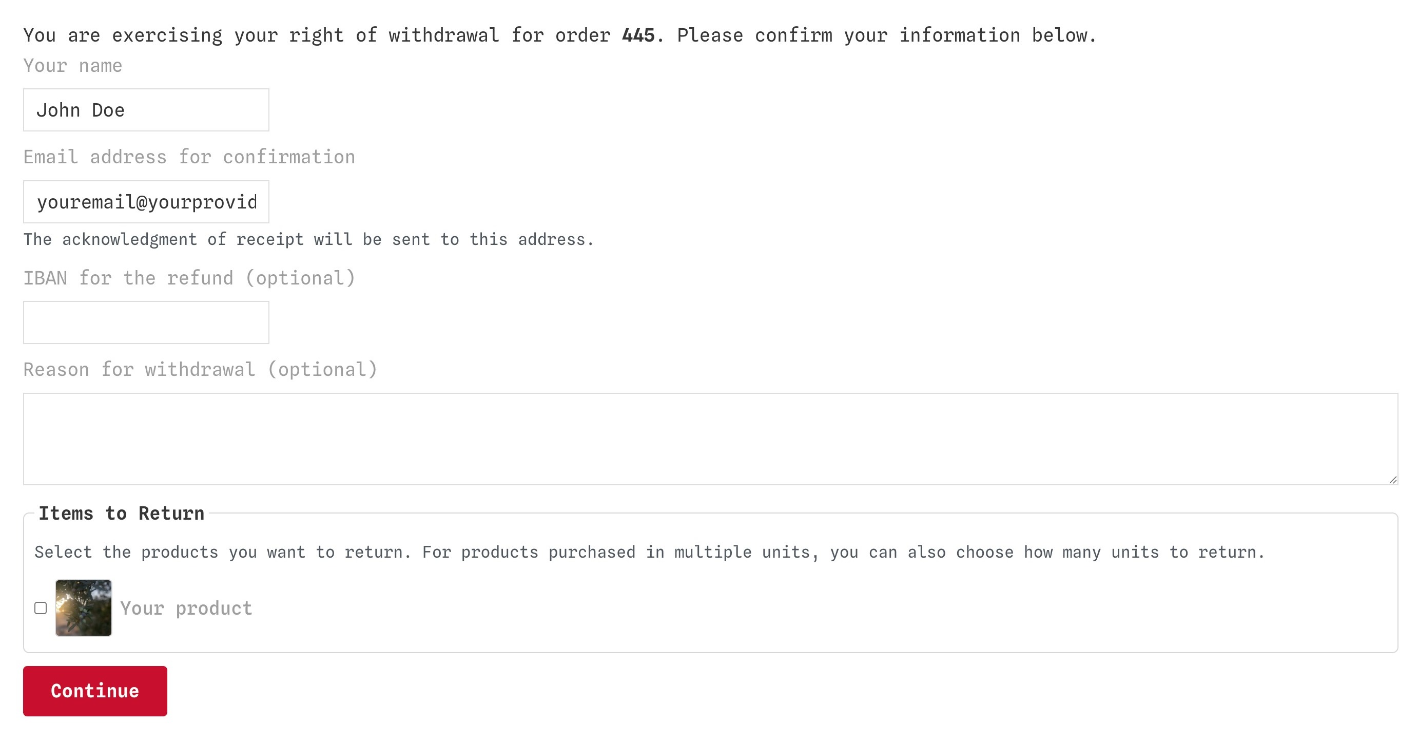 Step one: the withdrawal declaration ("recedere dal contratto qui"), pre-filled from the order.