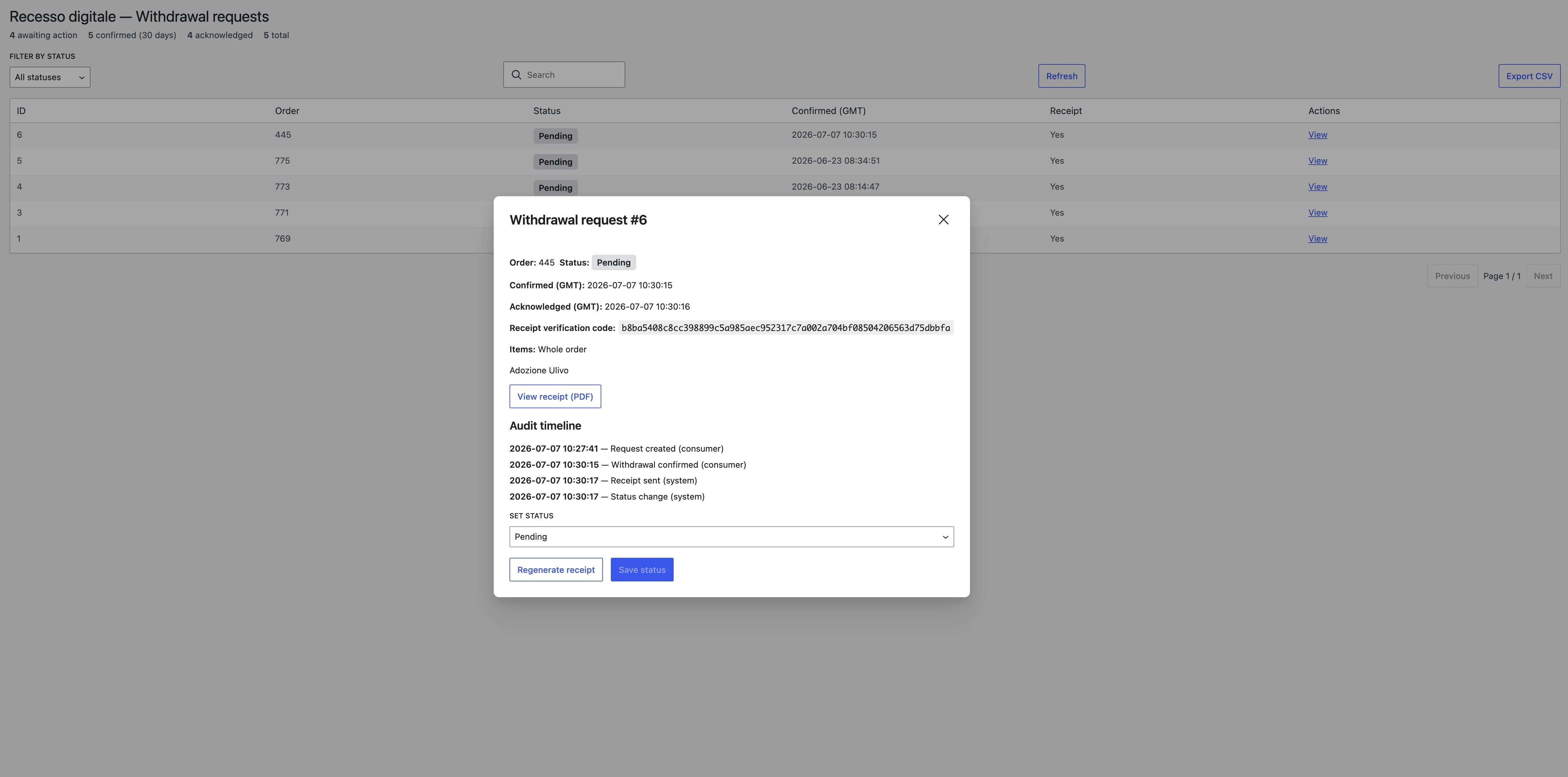 The request detail: audit timeline, durable-medium receipt (PDF) and status processing.