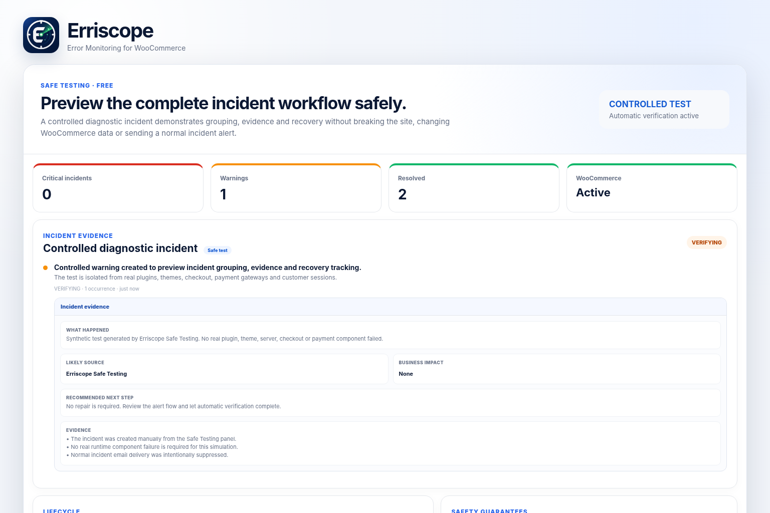 Erriscope Free incident evidence showing a controlled Safe Test Incident, likely source, business impact, and recommended next step.