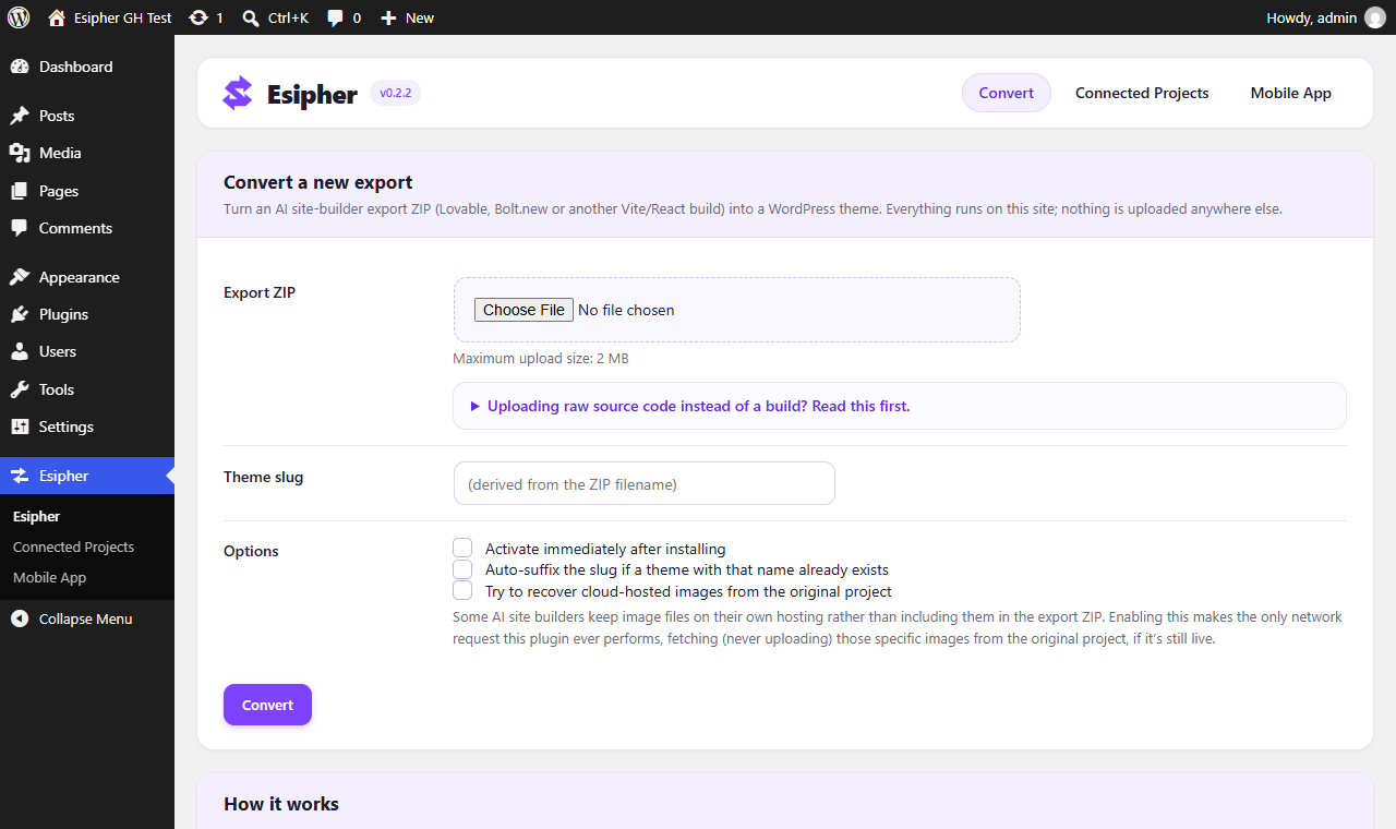 Convert screen - upload an AI site-builder export ZIP and turn it into a theme.