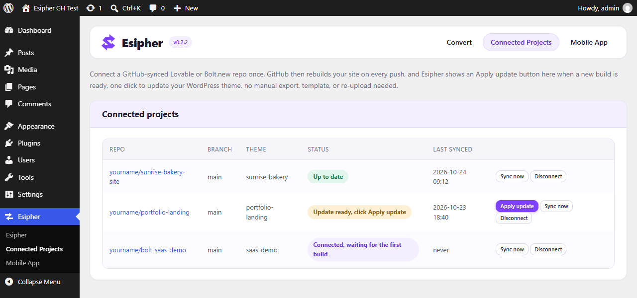 Connected Projects - GitHub-synced projects with live status and one-click "Apply update".