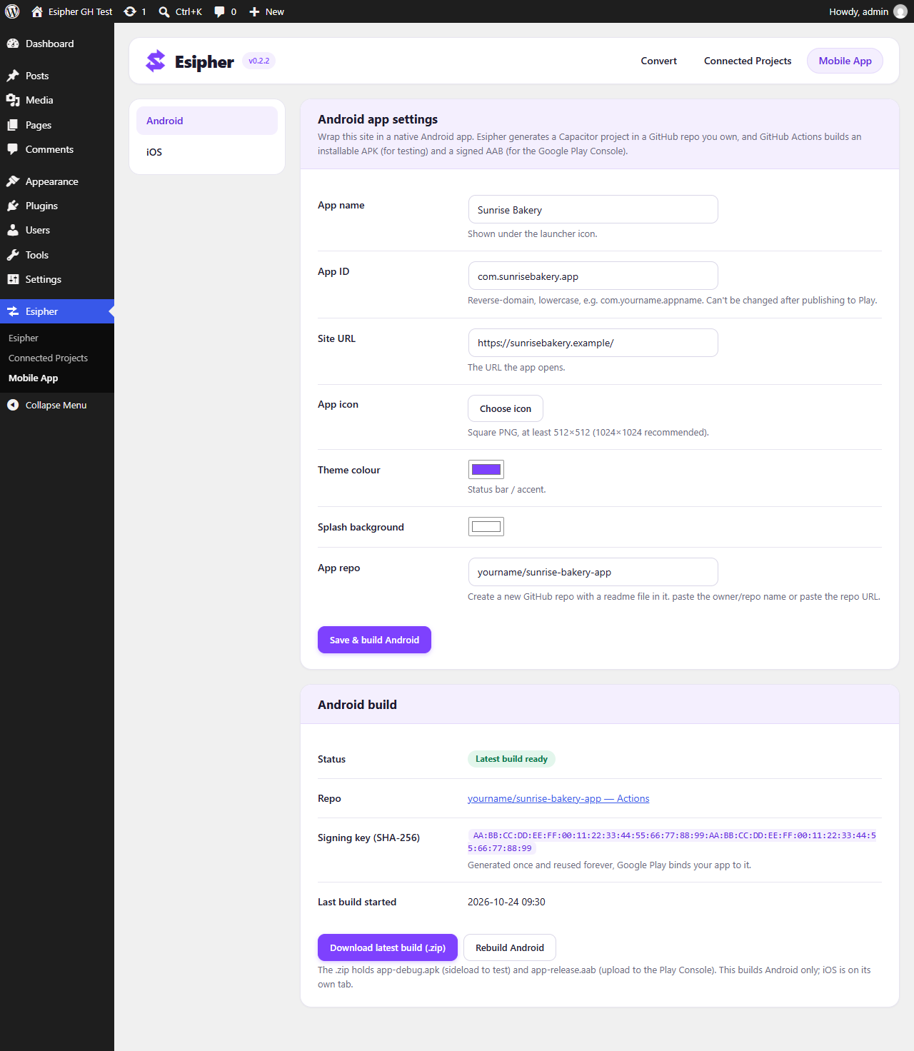 Mobile App (Android) - app settings plus build status and download.