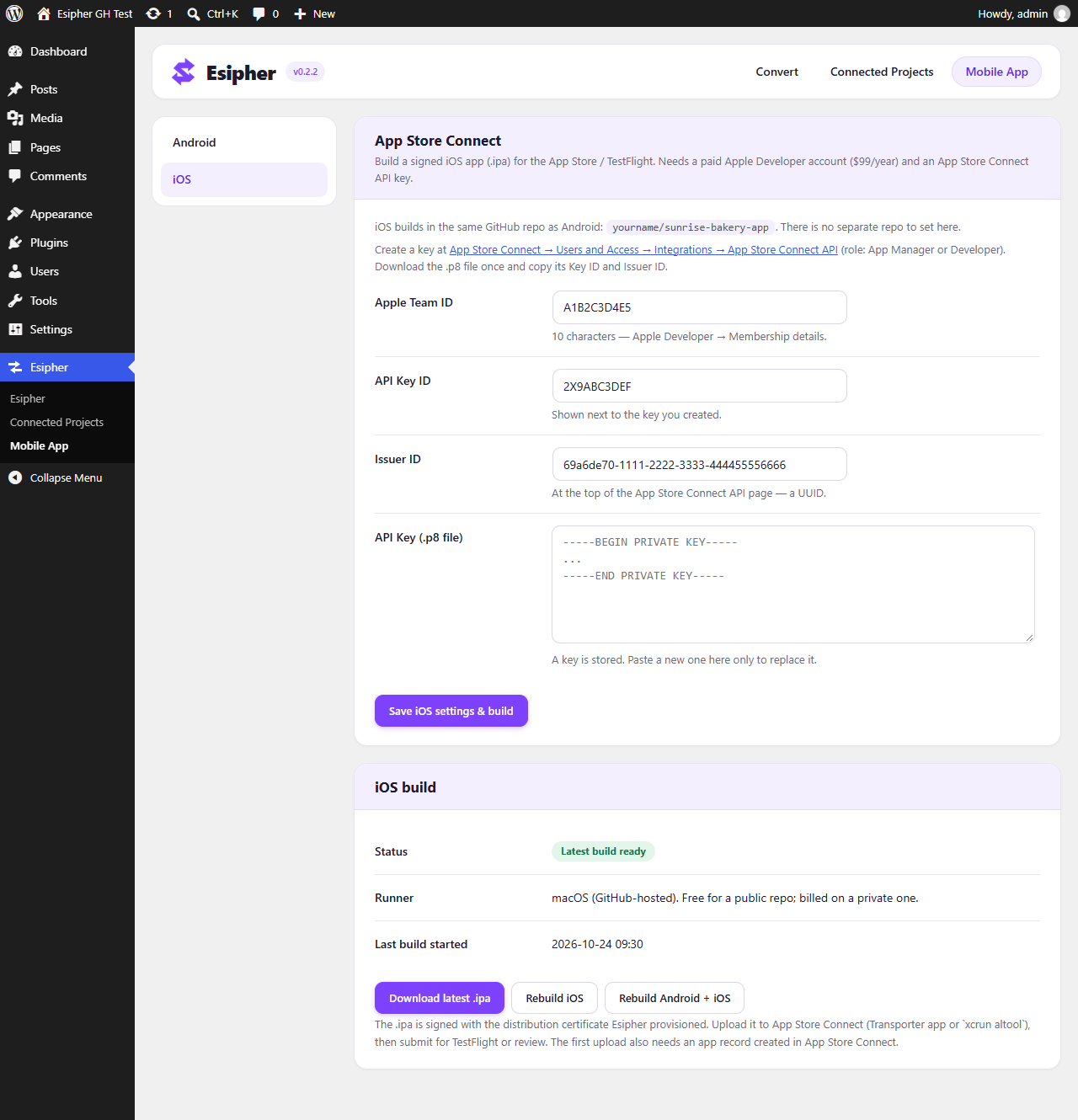 Mobile App (iOS) - App Store Connect details and iOS build status.