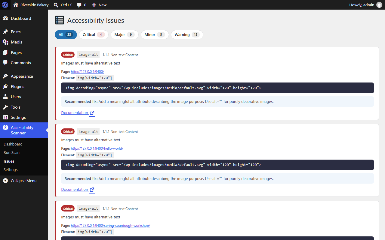 The Issues page: every finding with its WCAG reference, element, HTML and recommended fix.
