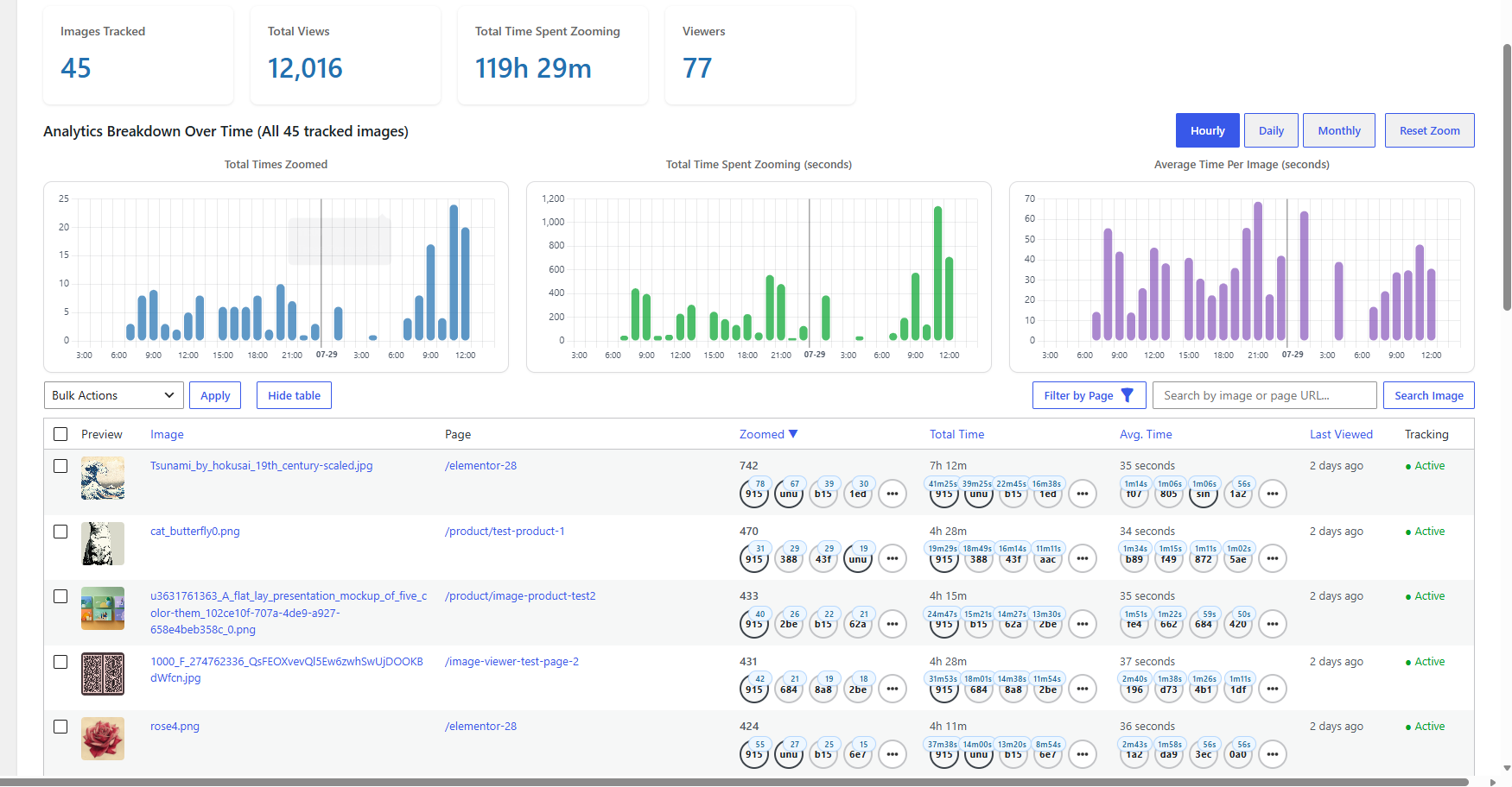 Zoom Analytics page showing summary cards, time-based charts, and the detailed Image-wise Breakdown table.
