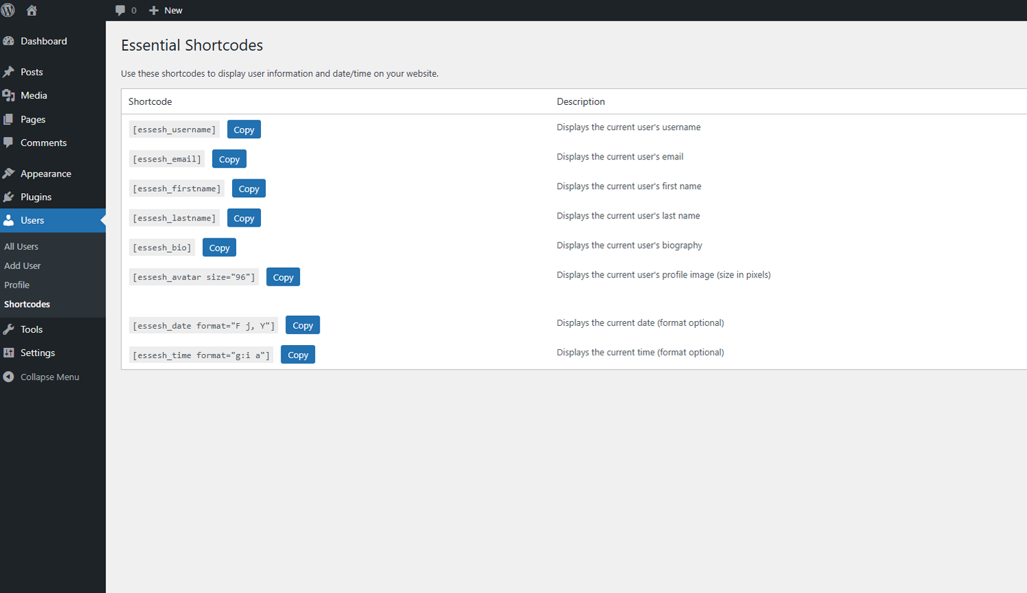 Admin Interface - Clean, organized shortcode management with copy buttons