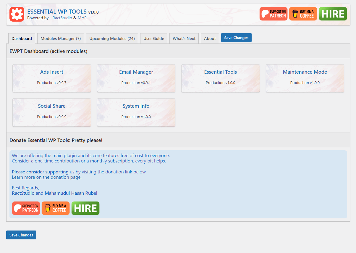 screenshot-1.png : This is the main dashboard of the "Essential WP Tools" plugin. Here you can see all enabled modules.