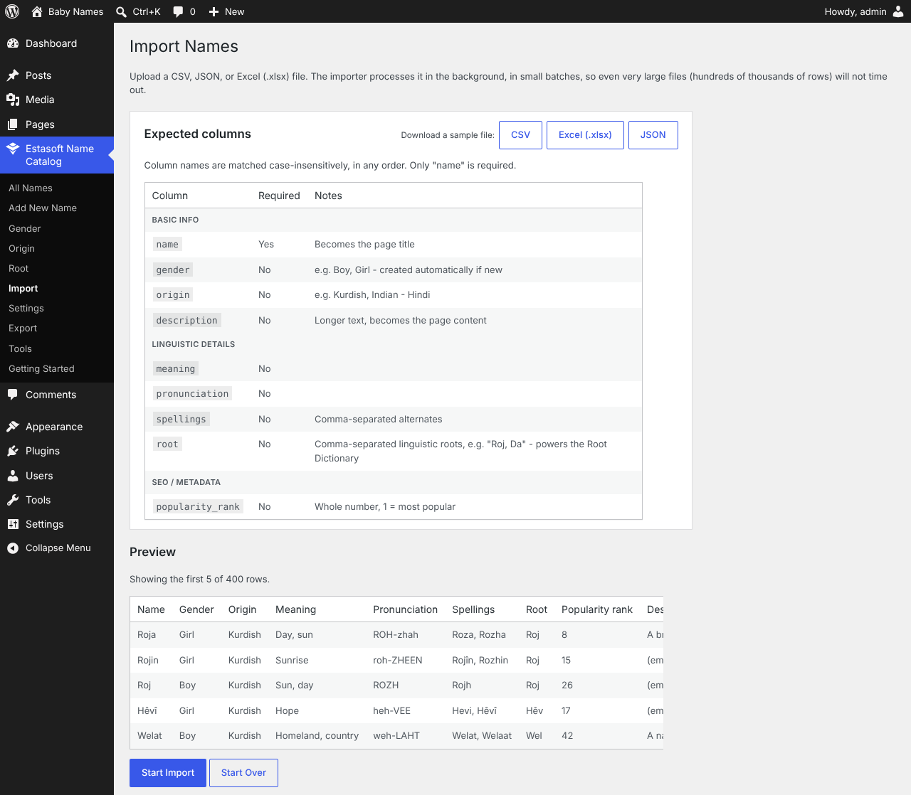 A guided import: drag a file in, map its columns, and preview the first rows before anything is written.