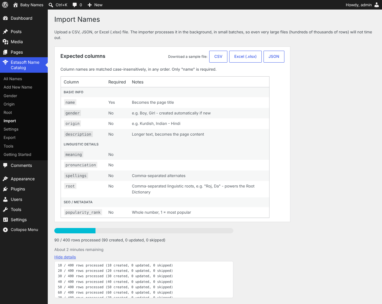 The live progress view during import, with an estimated time remaining and a line-by-line log.