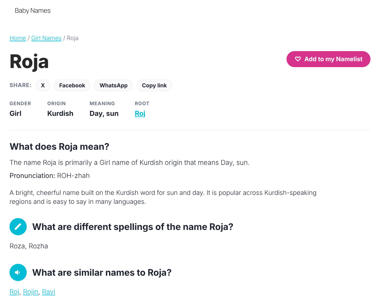 A single name page, showing meaning, origin, pronunciation, and similar names.