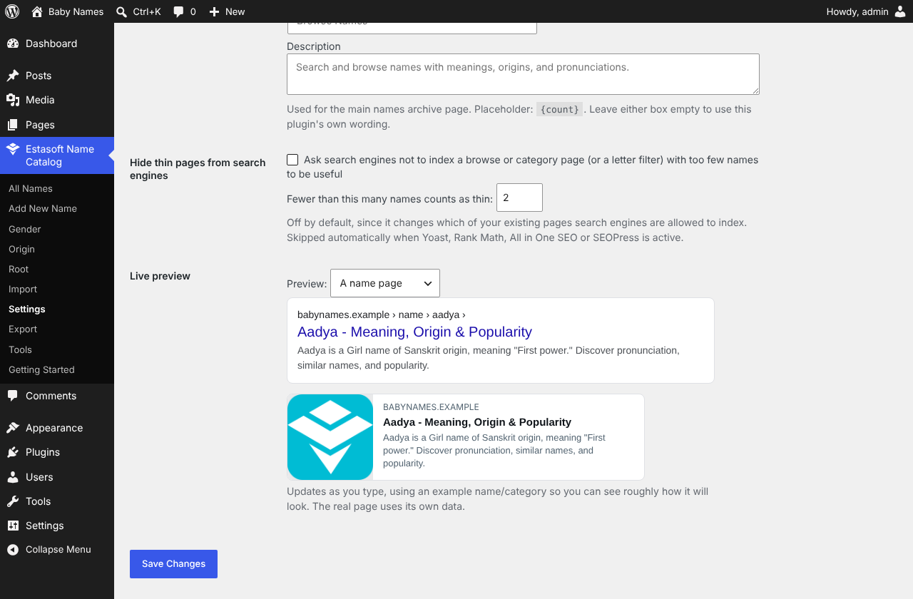 The SEO settings tab, with a live preview of the Google result and social card.