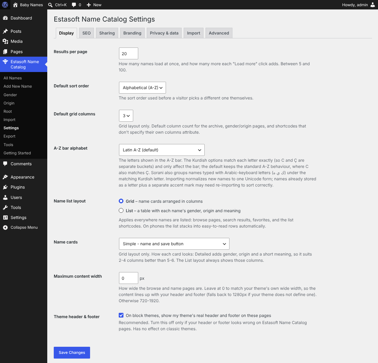 The Settings screen's Display tab, for choosing grid or list layout, name cards, and more.