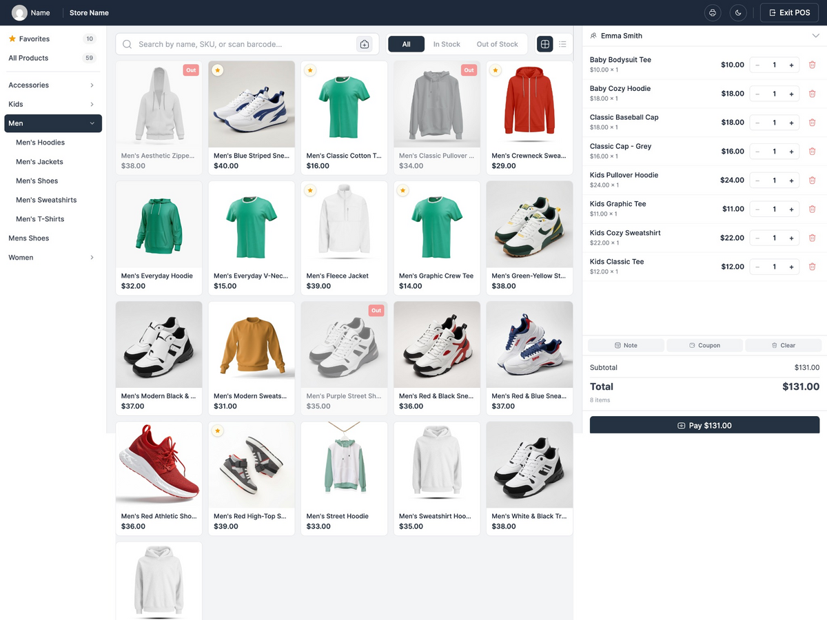 Full-screen POS register with product grid, categories, live search, stock status, and cart.
