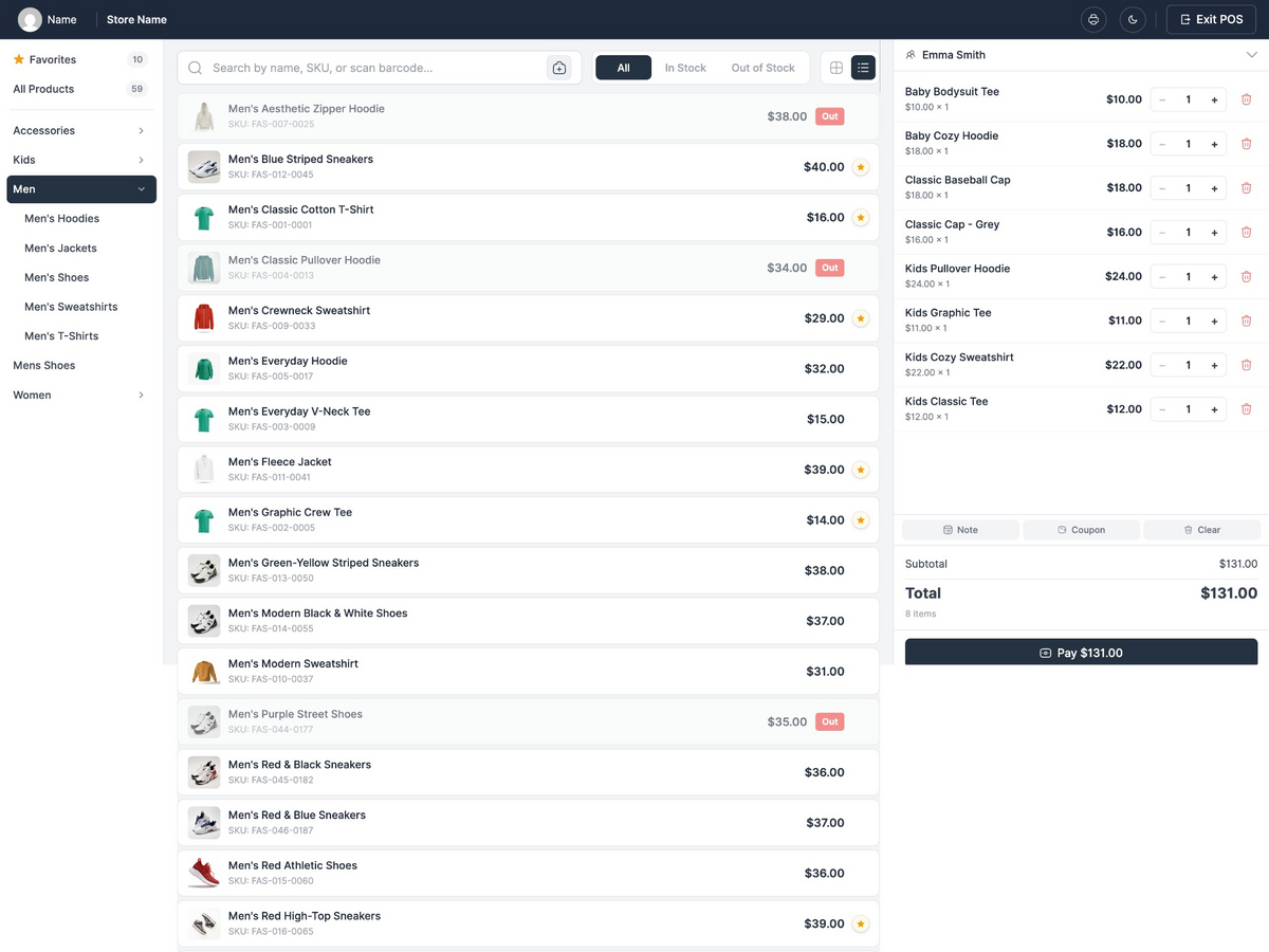 POS list view with product search, stock availability, favorites, and cart.