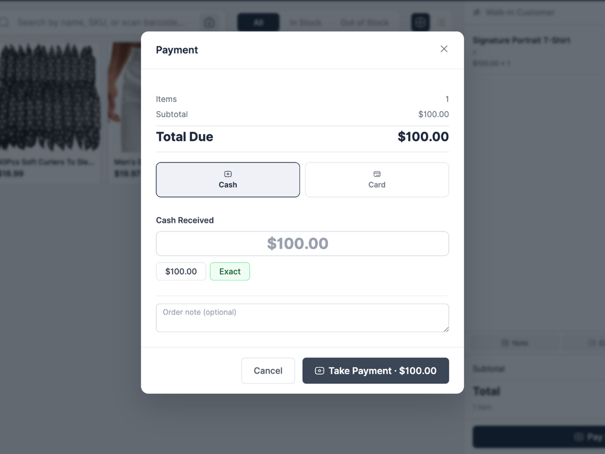POS checkout with cash and card payment options, amount due, cash received, and order notes.
