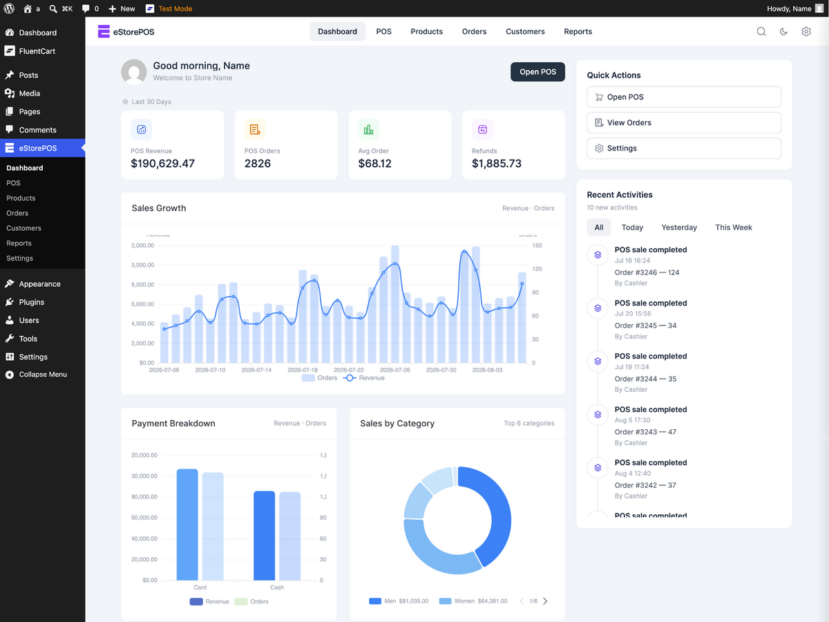 eStorePOS dashboard with revenue, orders, average order value, refunds, sales growth, and recent activity.