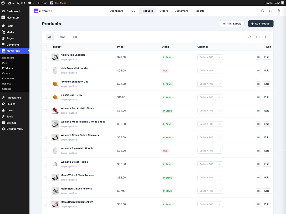 Product management with pricing, stock status, sales channels, barcode labels, and editing controls.