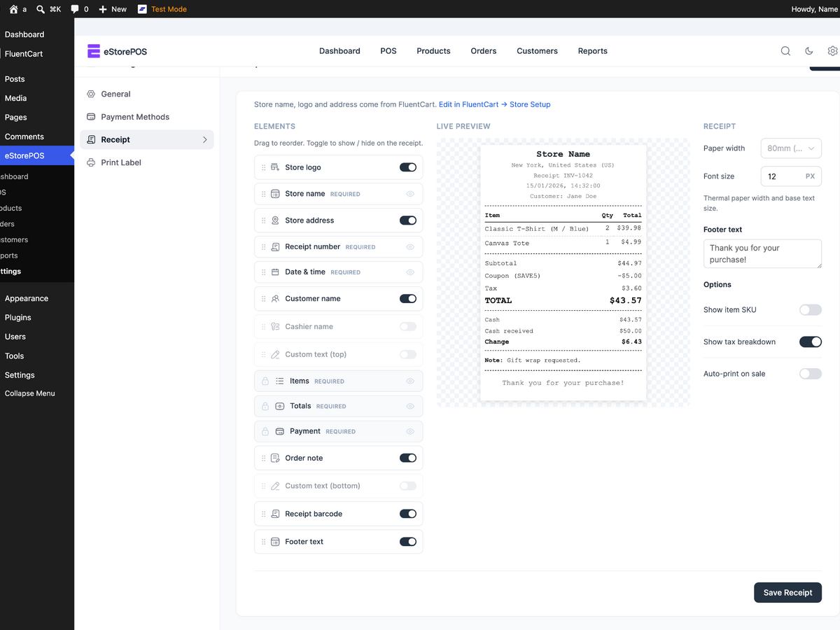 Receipt customization with configurable elements, live preview, paper size, tax breakdown, and print settings.