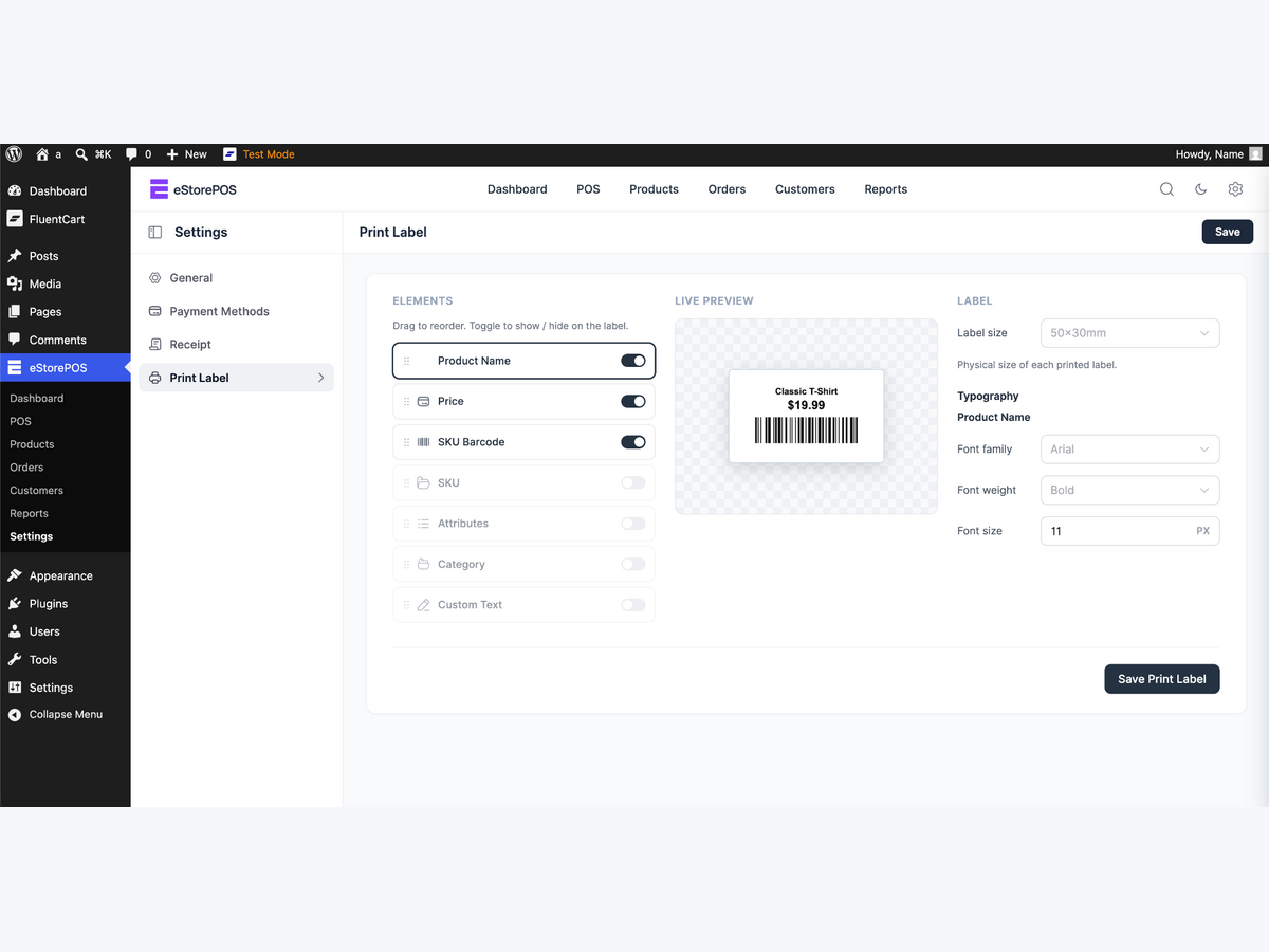 Barcode label designer with field controls, live preview, label size, and typography settings.