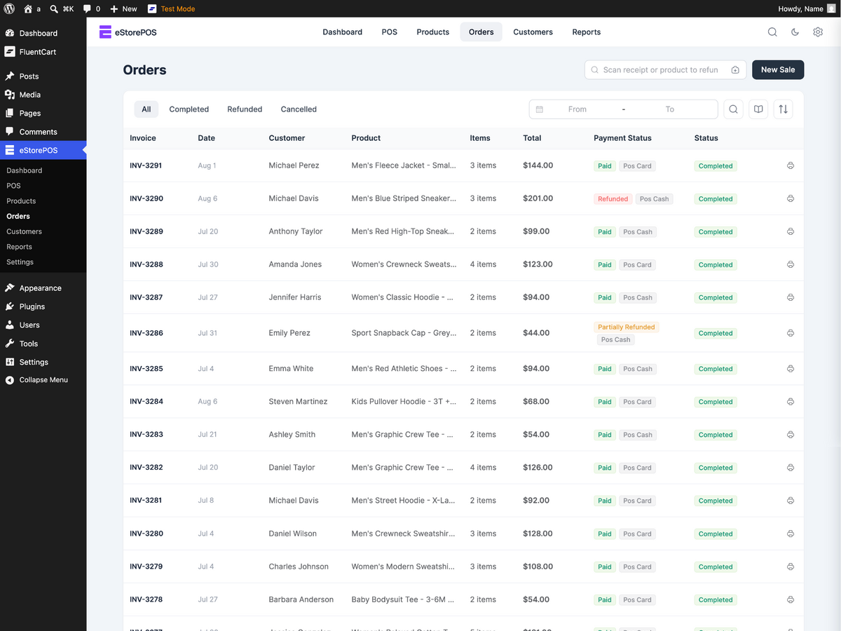 POS orders with invoice details, totals, payment status, refund status, and date filtering.