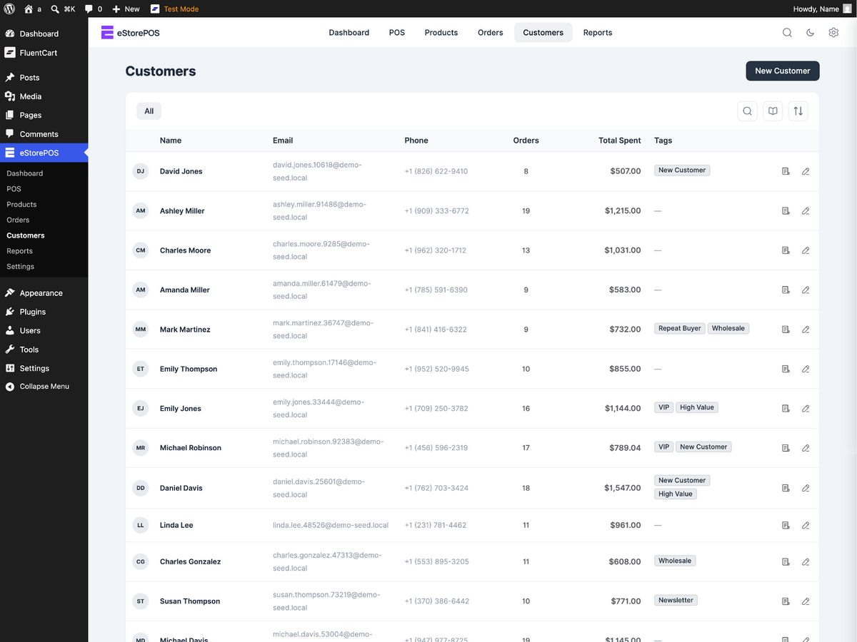 Customer management with contact details, order counts, total spent, and customer tags.