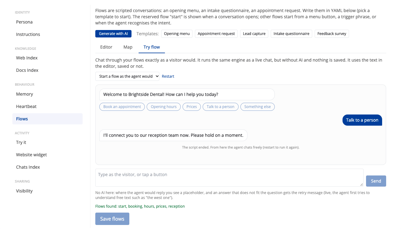 Handing over to a person: the Try flow preview in the Ethora dashboard, where a visitor taps "Talk to a person" and the scripted flow replies that the reception team is being connected. This is the scripted preview of the flow, not a live conversation.