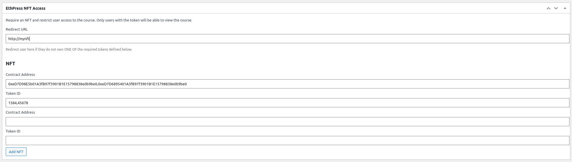 NFT Access settings on a cource page LearnPress LMS