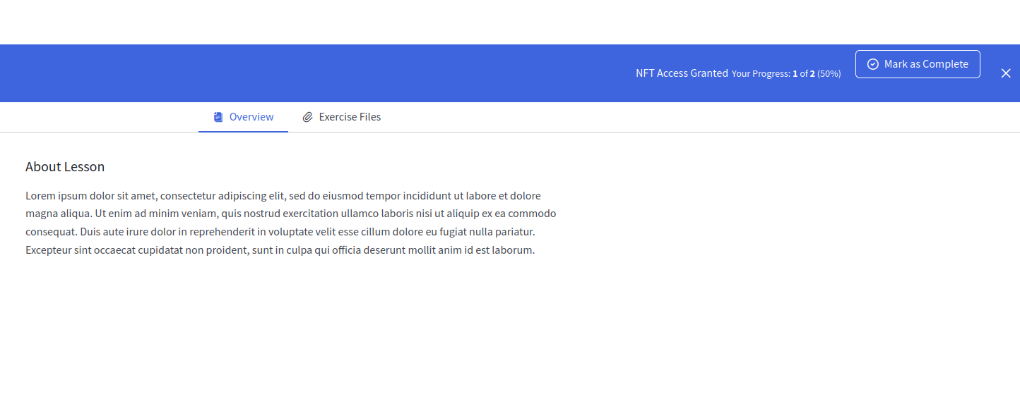 NFT Access Granted message on a cource page Tutor LMS