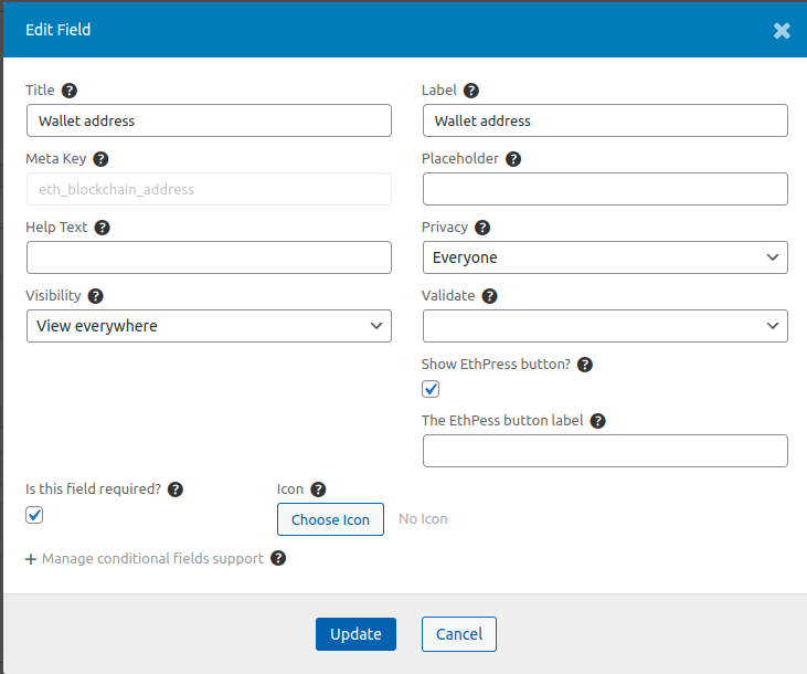 The Ultimate Member EthPress Button edit dialog