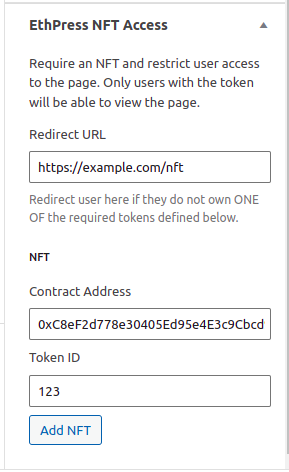 The EthPress NFT Access Add-On page settings.