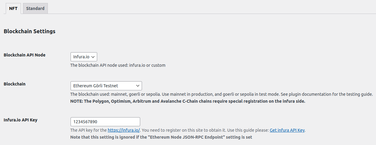 The EthPress NFT Access Add-On settings.