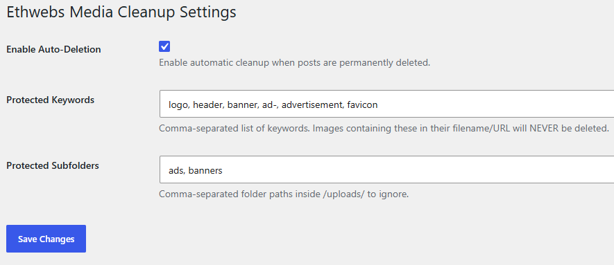 Admin Settings Page - Configure protected keywords and subfolders.