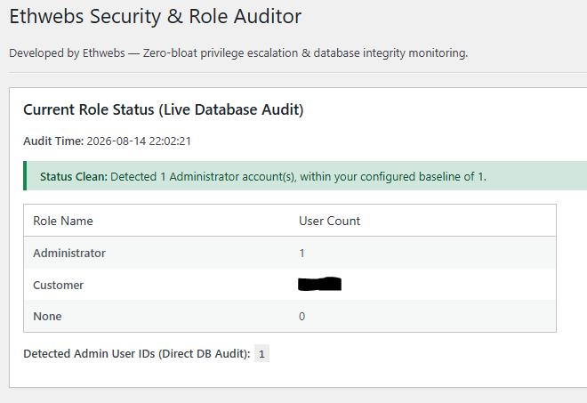 Current Role Status: Live database audit table showing user counts per role and detected active admin user IDs.