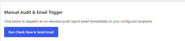 Manual Audit & Email Trigger: Instant on-demand audit trigger button and email dispatch status notice.