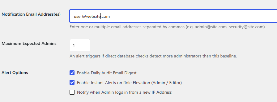 Configuration Settings: Notification email recipients, maximum expected admins baseline, and alert option checkboxes.