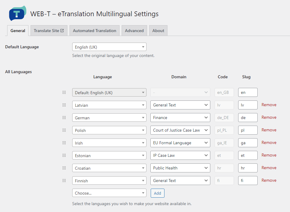 WEB-T – eTranslation Multilingual language and domain configuration