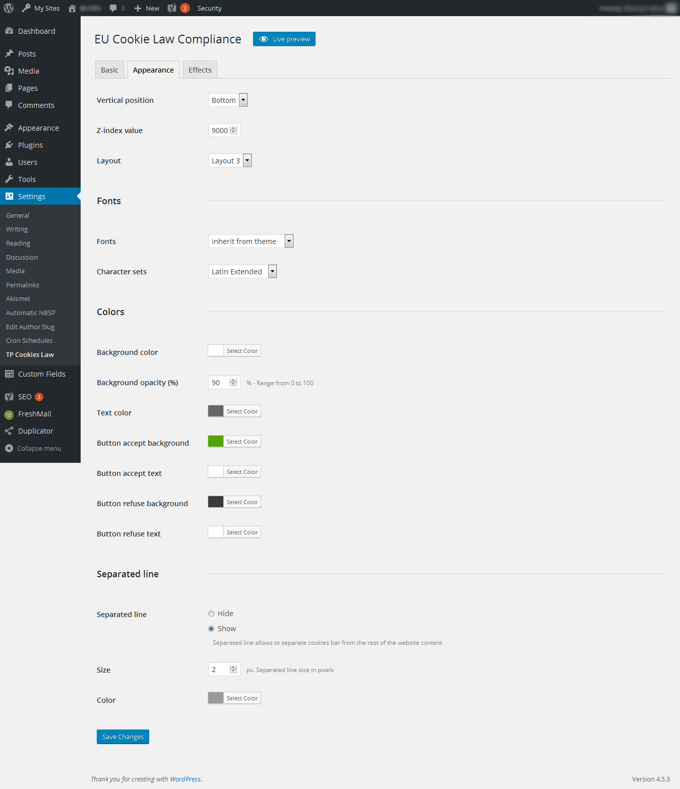 Settings page