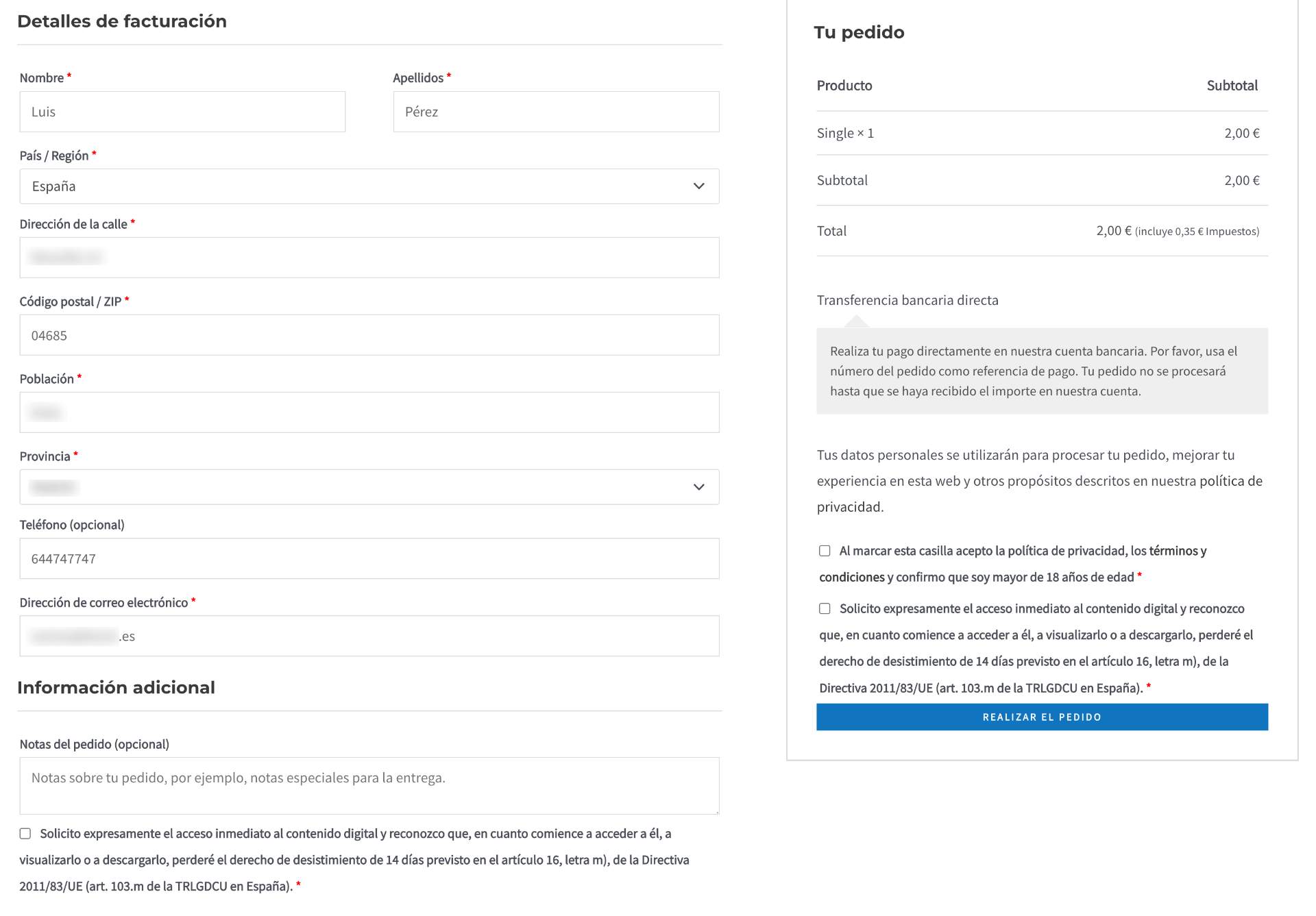 Mandatory digital-content consent (Art. 16(m)) shown at the WooCommerce checkout.