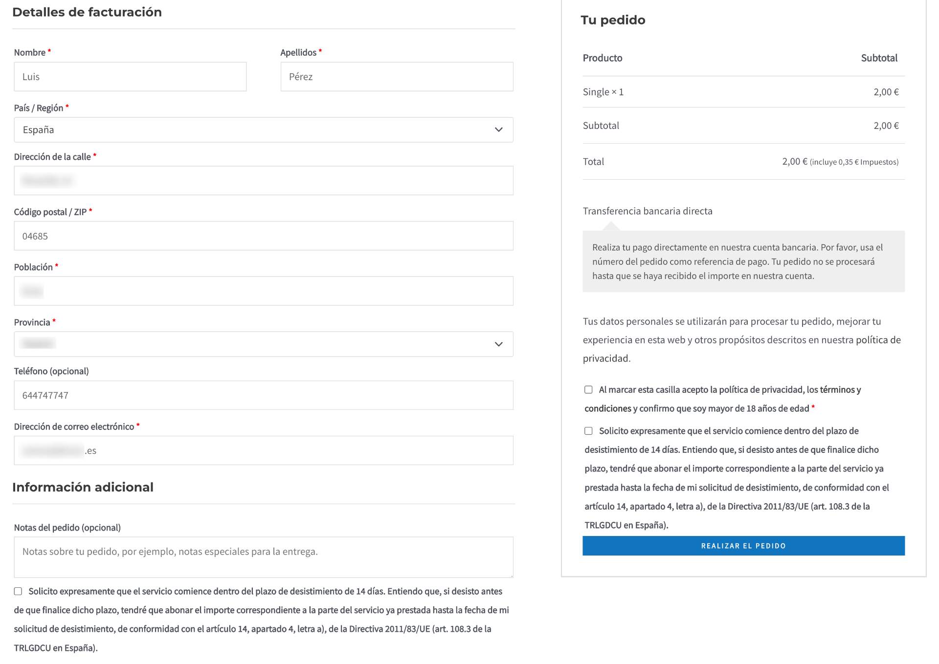Optional service-start consent (Art. 14(4)(a)) shown at the WooCommerce checkout.